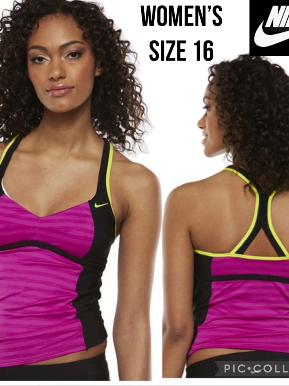Nike Women’s Tankini Pink Black Racerback V-Neck Swim Top Bathing Suit Size 16